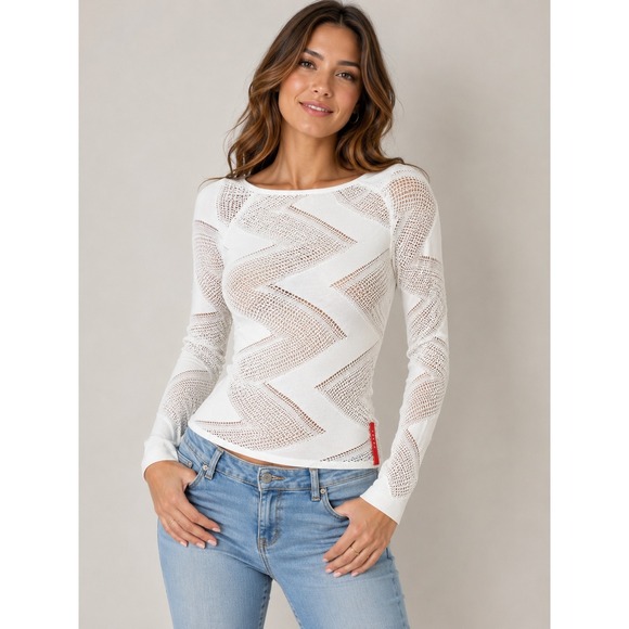 Prada Tops - Prada Sport White Mesh Zigzag Knit Long Sleeve Top Linea Rossa Made in Italy